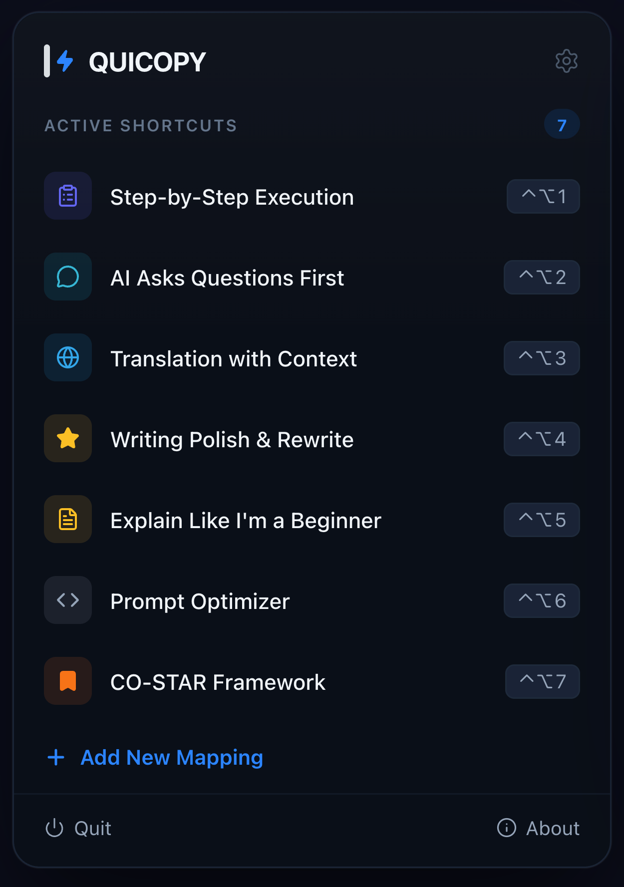 QUICOPY main interface showing 7 built-in AI prompt shortcuts
