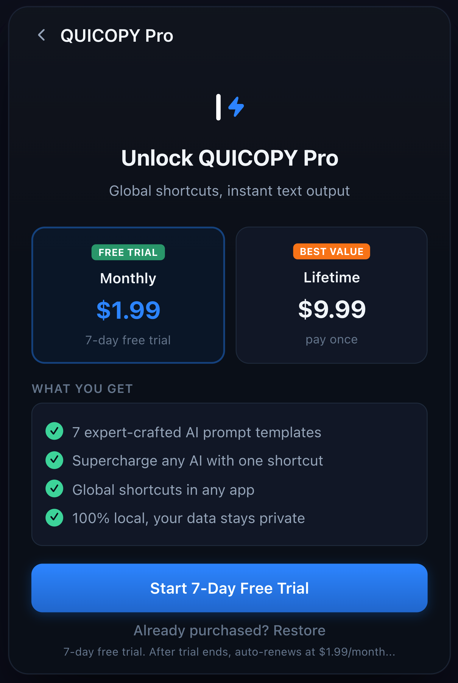 QUICOPY Pro subscription page